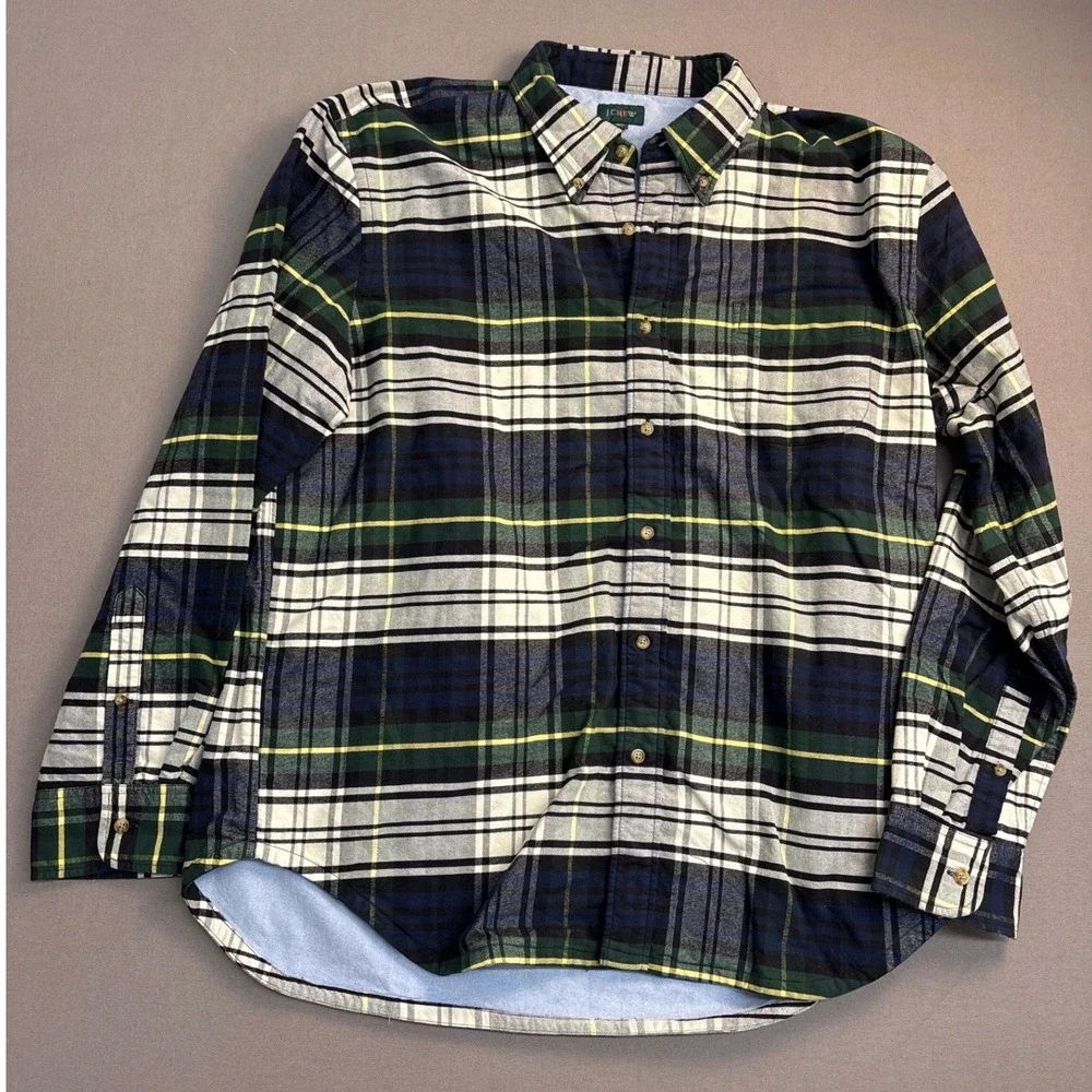 J. Crew Mens XL Green Navy Blue Plaid Button Down Long Sleeve Shirt RN 77388